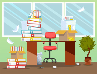 Period of accountants, financier reports submission. Office chair behind table with stack of paper documents and file folders in boxes on office table. Office interior Flat cartoon illustration