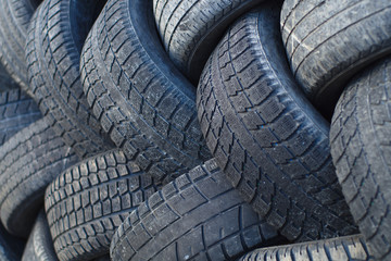 recycle used tires environment car industry black rubber wheel stack