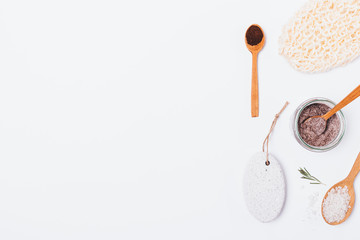 Bath coffee scrub, washcloth and pumice stone