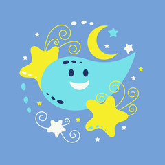 Plakat Moon and stars, cute doodle, . Vector illustration.