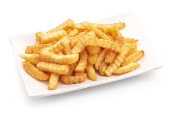 Fried French fries, potato fry, close-up, isolated on white background