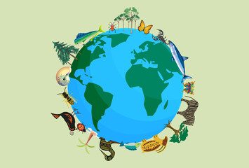 Planeta tierra con animales y plantas por la biodiversidad. © Gabrieuskal