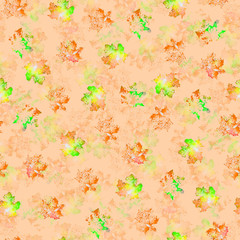 Seamless texture of watercolor multicolored spots on an orange background. Abstract pattern of prints of maple leaves for design, textile, decoration.