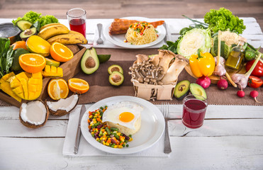 Lunch at the table with healthy organic food . Top view