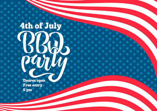 July 4th BBQ Party lettering invitation to American independence day barbeque with July 4th decorations stars, flags, on blue background. hand drawn illustration.
