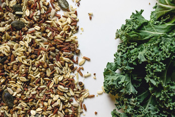 mixed wheat cereal with kale leaf