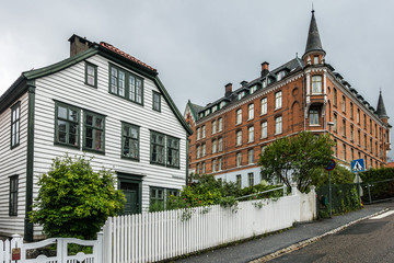 Naklejka premium Residential district in Bergen with typical buildings, Norway