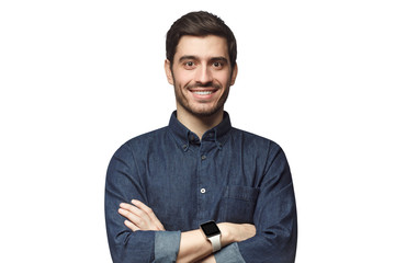 Portrait of young Caucasian man feeling happy and smiling, wearing smart watch and casual clothes, isolated on white background - Powered by Adobe
