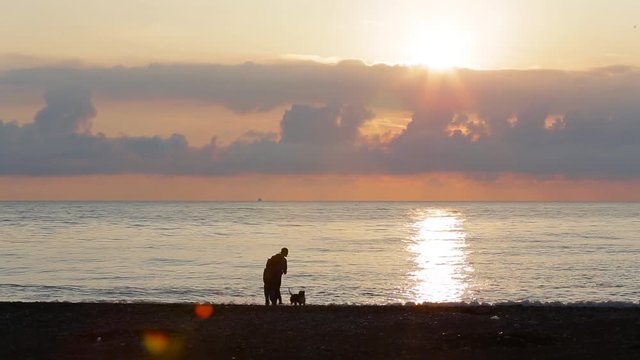 People with a dog walking at a picturesque sunset on the Black sea