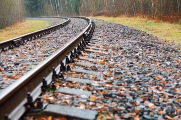 Railway rails turn. Railway tracks and sleepers.