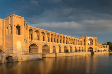 Khaju bridge in Esfahan, Iran, at sunset.