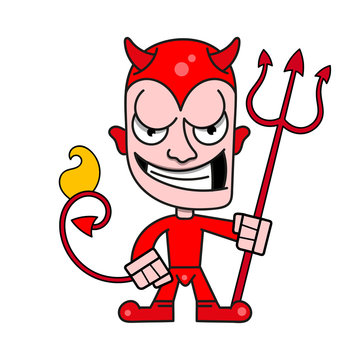 Cute Little Devil With Horns And A Flaming Trident, Vector Logo