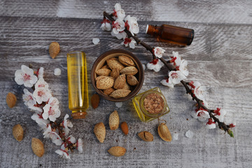 Natural almond oil in almonds and bottle of almond trees on the wooden background.