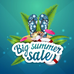 Big summer sale, discount, clickable web banner layout for your creativity with palm leaves, flip flops and pearl