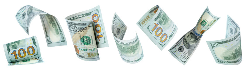 Flying money on white background. dollars, banknotes. panorama, banner.