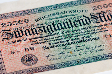 Twenty thousand mark (20,000 marks) bank note from the German Reichsbank, July 1923, as a result of...