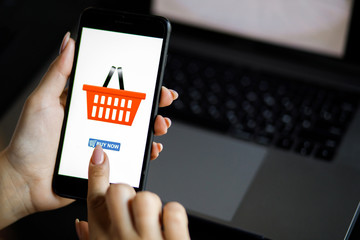 Woman with phone. Online payment. Women hands using smartphone and laptop computer for online shopping. Payment Detail page display.