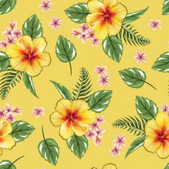 Fotobehang Seamless pattern hibiscus flower tropical floral design © DNZ CreativeDesign