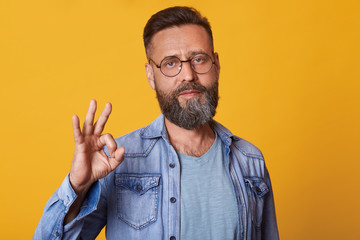 Studio shot of handsome man with beard wearing denim jacket, gray t shirt and spectacles, has positive facial expression, doing ok sign with hand and fingers, isolated over yellow studio background.