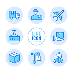 Delivery vector line icons set. Warehouse, courier service, delivery car, cargo, distribution outline symbols. Modern simple stroke graphic elements. Round icons