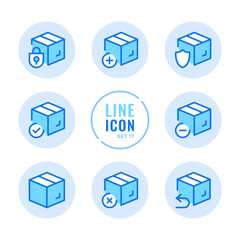 Box vector line icons set. Package, parcel, isometric boxes outline symbols. Modern simple stroke graphic elements. Round icons