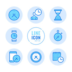 Time vector line icons set. Clock, watch, timer, calendar, stopwatch outline symbols. Modern simple stroke graphic elements. Round icons