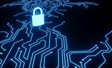 Cyber security concept. IT security.Protect mechanism, system privacy.Closed Padlock with micro scheme.Safety concept. - 3d render