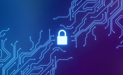 Cyber security concept. IT security.Protect mechanism, system privacy.Closed Padlock with micro scheme.Safety concept. - 3d render