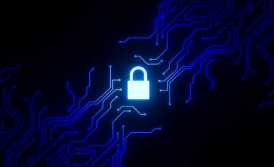 Cyber security concept. IT security.Protect mechanism, system privacy.Closed Padlock with micro scheme.Safety concept. - 3d render