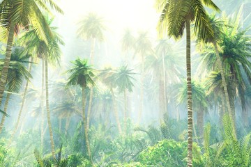 Fototapety  Dżungla we mgle, poranek w tropikach, palmy we mgle