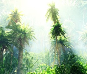 Panele Szklane Podświetlane  Dżungla we mgle, poranek w tropikach, palmy we mgle