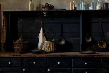 Still life with old vintage kitchen interier, dark key