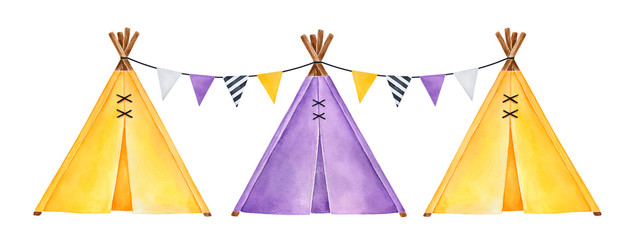 Set of little tipi tents, decorated with triangle pennant flags string. Yellow and purple colors. Hand drawn watercolour graphic drawing on white, isolated clipart element for print, card, invitation. © Julija