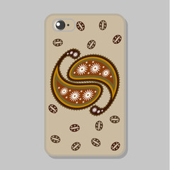 Protective case for mobile phone. Oriental paisley ornament in brown tones. Stylized yin yang on brown background. Vector illustration.