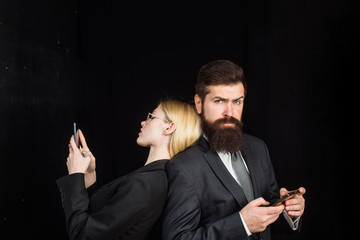 Social media. People ignoring each other. Relationships. Blog. Woman typing message. Sms. Internet. Man typing message. Hashtag. Smartphone. Marketing. Web. Dependence.