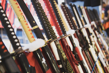 Katana swords handle raw aligned detail in shop