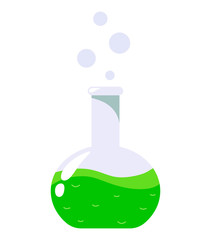 Chemical flask with liquid in the style of flat. Vector illustration on white background. Symbol, logo