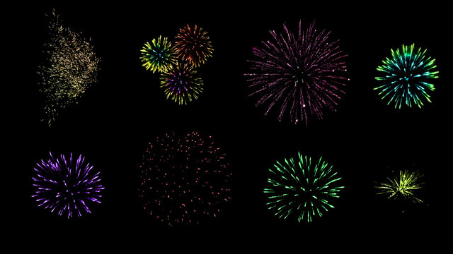 Set of fireworks isolated on black background. High resolution image.