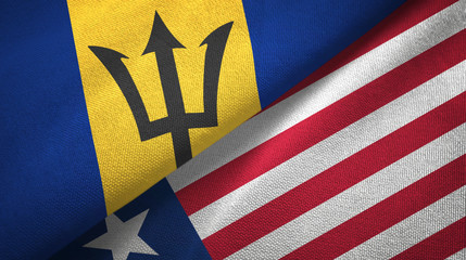 Barbados and Liberia two flags textile cloth, fabric texture