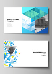 The minimalistic abstract vector illustration of the editable layout of two creative business cards design templates. Blue color polygonal background with triangles, colorful mosaic pattern.