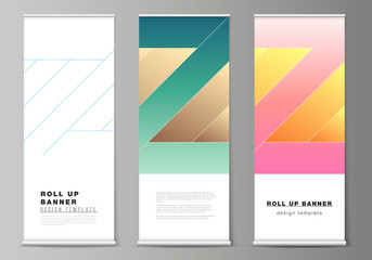 The vector illustration of the editable layout of roll up banner stands, vertical flyers, flags design business templates. Creative modern cover concept, colorful background.