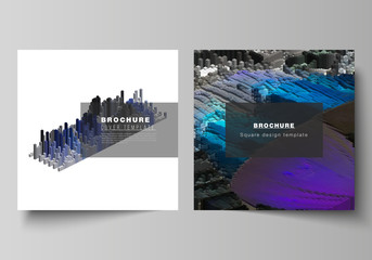 Minimal vector layout of two square format covers design templates for brochure, flyer, magazine. Big data. Dynamic geometric background. Cubes pattern design with motion effect. 3d technology style.