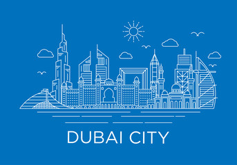 dubai city skyline background with iconic concept use for background banner and tshirt design template, uni arab emirates landmarks
