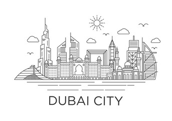 dubai city skyline background with iconic concept use for background banner and tshirt design template, uni arab emirates landmarks