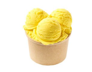 yellow ice cream  in blank craft takeaway cup isolated, top view