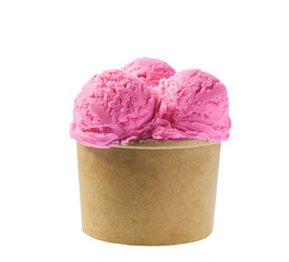 pink ice cream  in blank craft takeaway cup isolated