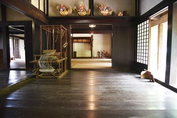 Japanese traditional old folk house / Thatched roofs and inside the house.