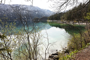 Eibsee in Bavaria with the mountain Zugspitze in the background 