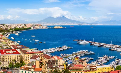 Peel and stick wall murals Naples Naples city and port with Mount Vesuvius on the horizon seen from the hills of Posilipo. Seaside landscape of the city harbor and golf on the Tyrrhenian Sea
