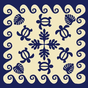 ハワイアンキルトのパターン 青 自然 モンステラ 波 亀 背景イラスト テクスチャ 夏のイメージ ベクターデータ Hawaiian Quilt Background Stock Vector Adobe Stock